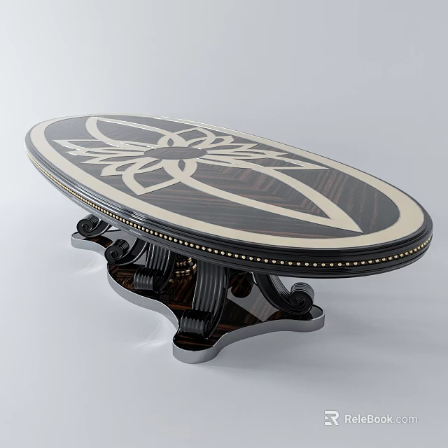 Elegant Oval Console Table With Inlaid Floral Pattern And Carved Wooden Base 3d model 