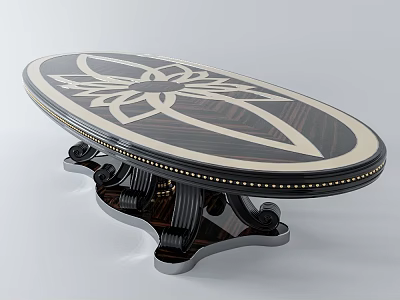 Elegant Oval Console Table With Inlaid Floral Pattern And Carved Wooden Base 3d model
