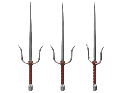 Medieval Trident Weapons With Red Wrapped Handles And Silver Pointed Tips 3d model