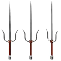 Medieval Trident Weapons With Red Wrapped Handles And Silver Pointed Tips