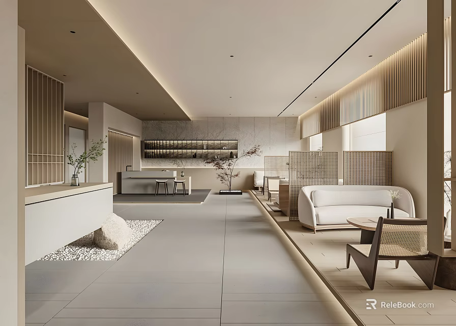 Modern Clubhouse Interior Design With Reception Area Sofa Wooden Screens And Lighting 3d model 