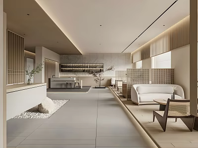 Modern Clubhouse Interior Design With Reception Area Sofa Wooden Screens And Lighting 3d model