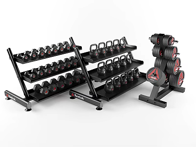Fitness Equipment With Black Dumbbells Kettlebells And Multi Tiered Weight Racks 3d model