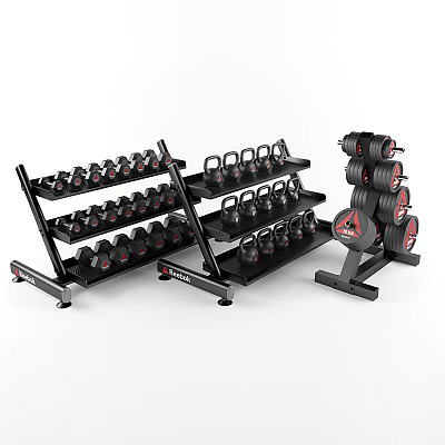Fitness Equipment With Black Dumbbells Kettlebells And Multi Tiered Weight Racks 3d model