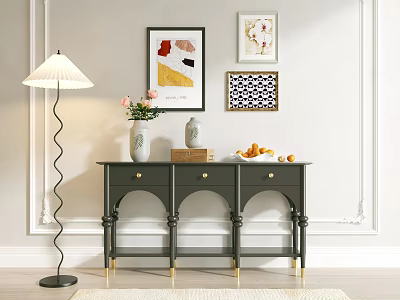 Elegant Entryway Cabinet Sideboard With Golden Legs Decorative Paintings And Floor Lamp On White Wall 3d model