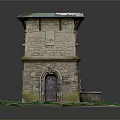 Ancient Stone Tower Structure With Arched Door Round Fountain And Green Grass Base