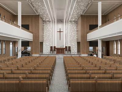 Sacred Church Interior Architecture With Cross And Rows Of Pews 3d model