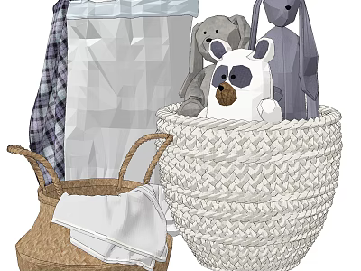 Woven Storage Baskets for Stuffed Toys and Clothes with White and Brown Design 3d model