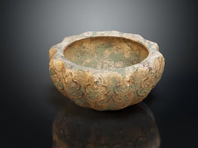 Antique Tableware Set With Carved Patterns Gold Green Ceramic Bowl Scalloped Edge Design 3d model