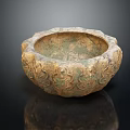 Antique Tableware Set With Carved Patterns Gold Green Ceramic Bowl Scalloped Edge Design