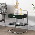 Dark Green Nightstand With Drawer Metal Frame Glass Shelf Table Lamp Dried Plant Vase