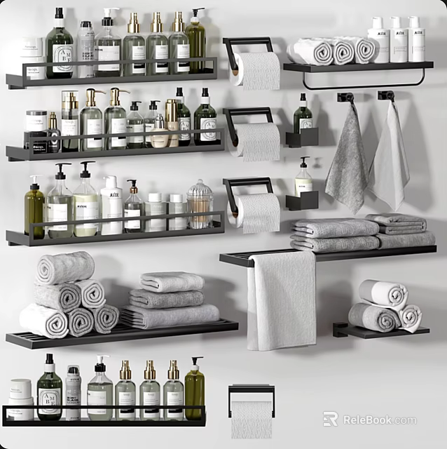 Organized Bathroom Accessories With Rolled Towels Bottles Shelves And Toilet Paper Holders 3d model 