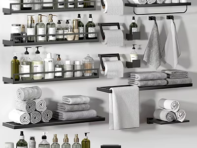 Organized Bathroom Accessories With Rolled Towels Bottles Shelves And Toilet Paper Holders 3d model