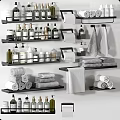 Organized Bathroom Accessories With Rolled Towels Bottles Shelves And Toilet Paper Holders