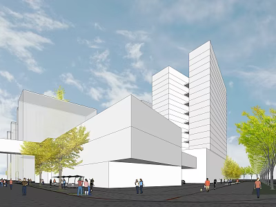 Modern Commercial Complex With Tall Buildings Low Rise Structures And Green Trees 3d model