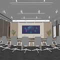 Modern Conference Room Interior With Long Table Grey Office Chairs Large Screen And Plants