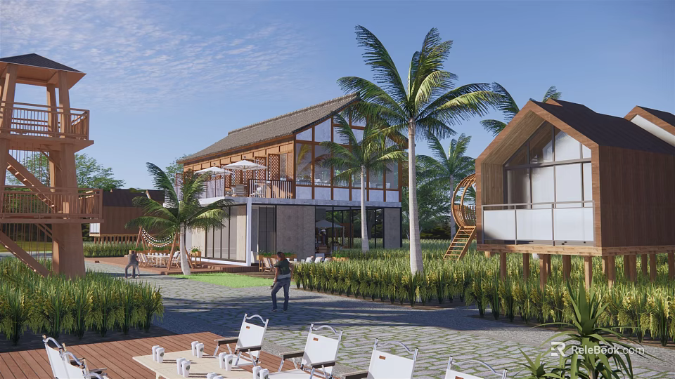 Modern Vacation Villa Exterior With Palm Trees Outdoor Seating And Green Lawn 3d model 