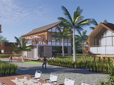 Modern Vacation Villa Exterior With Palm Trees Outdoor Seating And Green Lawn 3d model