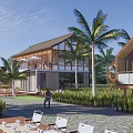 Modern Vacation Villa Exterior With Palm Trees Outdoor Seating And Green Lawn
