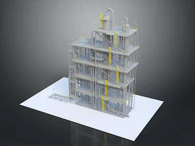 Multi Level Industrial Building Model With Metal Frame Yellow Stairs And Pipes 3d model