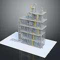 Multi Level Industrial Building Model With Metal Frame Yellow Stairs And Pipes