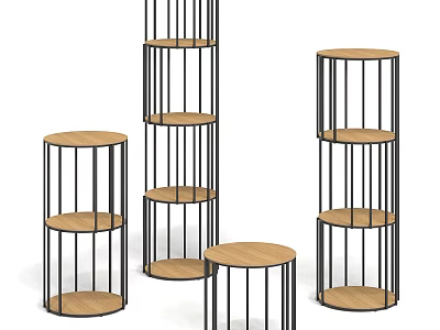 Modern Round Storage Shelving Units With Black Metal Frames And Wooden Shelves For Home Organization 3d model
