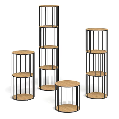 Modern Round Storage Shelving Units With Black Metal Frames And Wooden Shelves For Home Organization 3d model