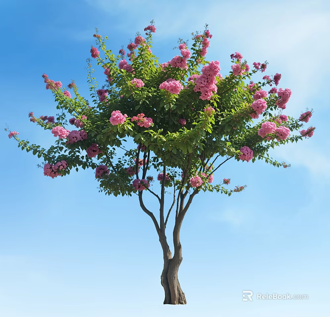 Beautiful Tree With Pink Flowers And Green Leaves Against Clear Blue Sky 3d model 