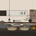 Natural Zen Style Tea Table Set With Stone Decor Calligraphy Art And Round Cushions