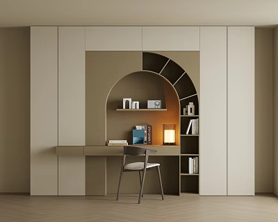 Modern Home Office Desk with Arch Storage Cabinets Bookshelves and Table Lamp 3d model
