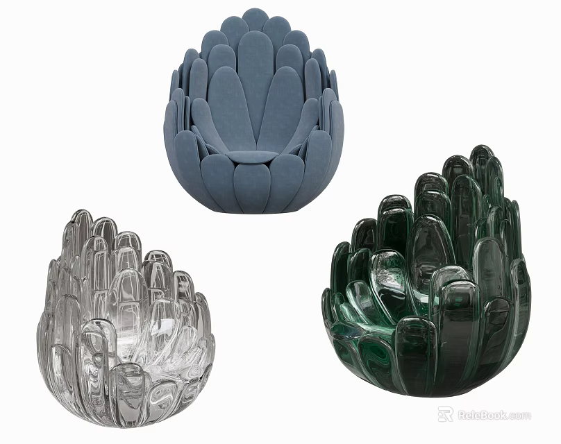 Three Unique Single Sofas With Different Colors And Artistic Petal Design 3d model 