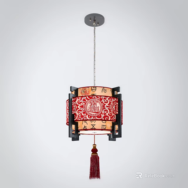 Traditional Chinese Red Black Lantern Chandelier with White Patterns and Red Tassel 3d model 