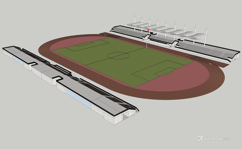 Modern Football Stadium With Green Turf Red Running Track And Spectator Stands 3d model