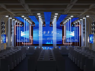Modern Conference Hall With Blue Stage Screen And Arranged Seats For City Talent Event 3d model