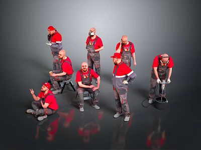 Men In Red Shirts And Gray Overalls Displaying Various Working Poses 3d model Men In Red Shirts And Gray Overalls Displaying Various Working Poses 3d model