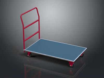 Red Handle Platform Cart With Blue Flat Surface And Red Wheels 3d model