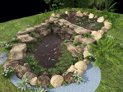Beautiful Garden Decor With Stone Enclosed Pond Koi Fish Green Plants And Lawn 3d model