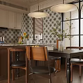 Elegant Modern Restaurant Interior With Dining Table Chairs Pendant Lights Patterned Wall And Herringbone Flooring