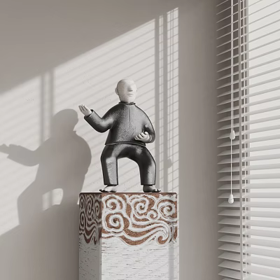 Tai Chi Pose Sculpture With Black Clothing On Patterned Square Base And Light Shadow Effects 3d model