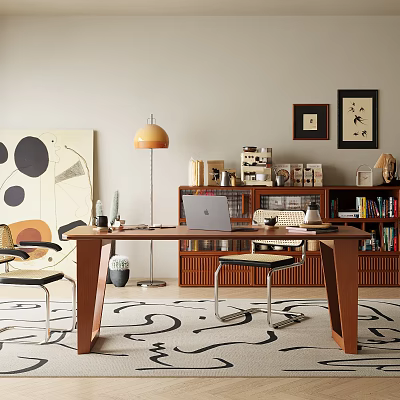 Wooden Desk Setup With Laptop Bookshelf Books Decorations Wall Art Rug And Chair 3d model