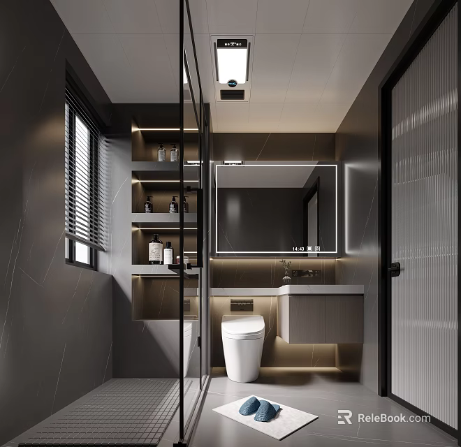 Modern Bathroom Interior With Marble Vanity Backlit Mirror Ambient Lighting And Storage 3d model 