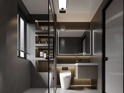 Modern Bathroom Interior With Marble Vanity Backlit Mirror Ambient Lighting And Storage 3d model
