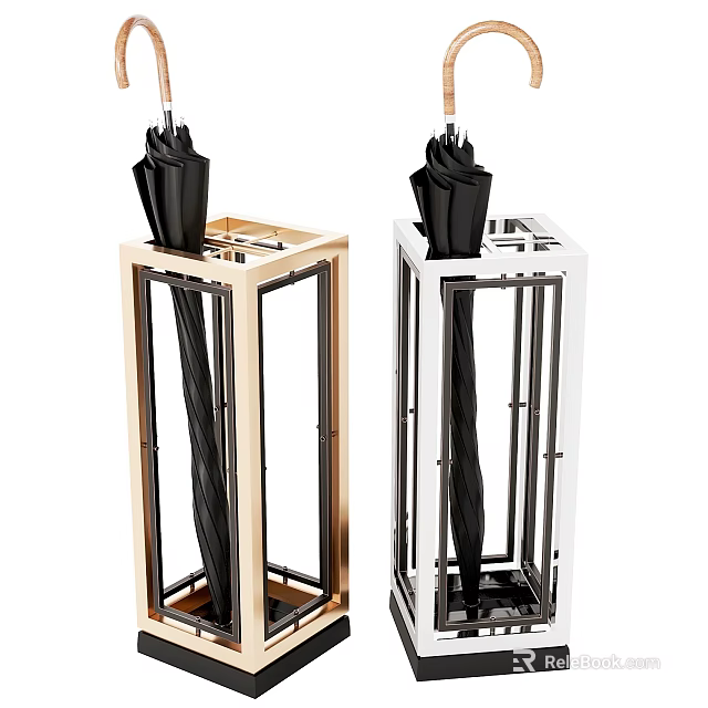 Modern Gold and White Umbrella Stands Frame Design with Black Umbrellas 3d model 
