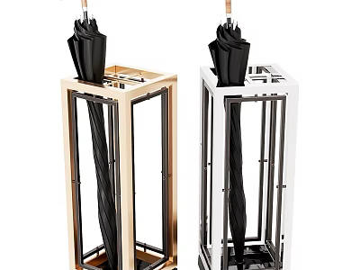 Modern Gold and White Umbrella Stands Frame Design with Black Umbrellas 3d model