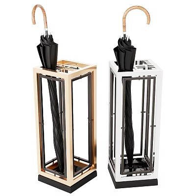 Modern Gold and White Umbrella Stands Frame Design with Black Umbrellas 3d model