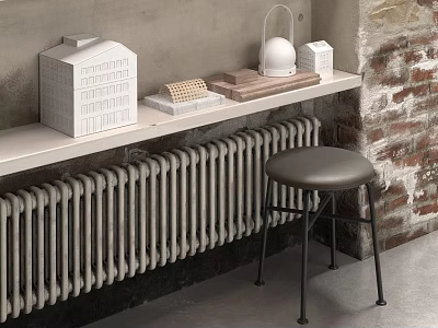 White Radiator In Modern Interior With Brick Wall Wooden Shelf And Stool 3d model