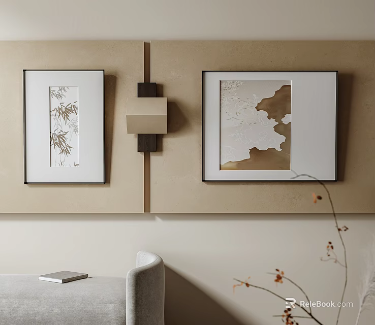 Stylish Home Interior Decor With Wall Art Sconce And Sofa 3d model