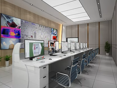 Modern Control Room Interior Featuring Multiple Monitors Control Desk And Office Chairs 3d model