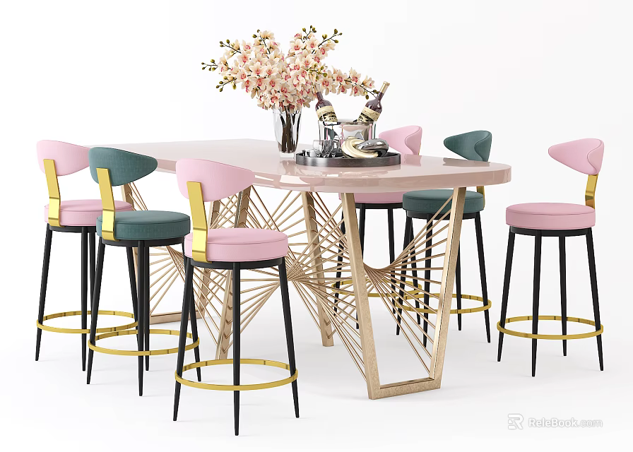 Bar Counter With Pink Green Stools Gold Accents Vase Flowers And Wine Bottles 3d model 