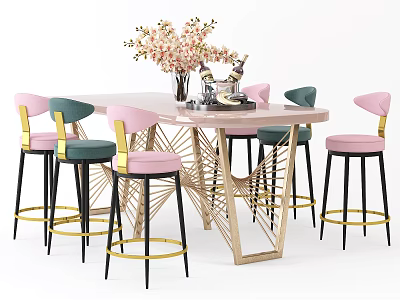 Bar Counter With Pink Green Stools Gold Accents Vase Flowers And Wine Bottles 3d model